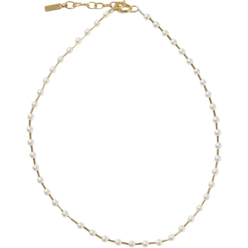 Napier Gold Tone Faux Pearl Bar Link Necklace 17 Inch Adjustable Clasp